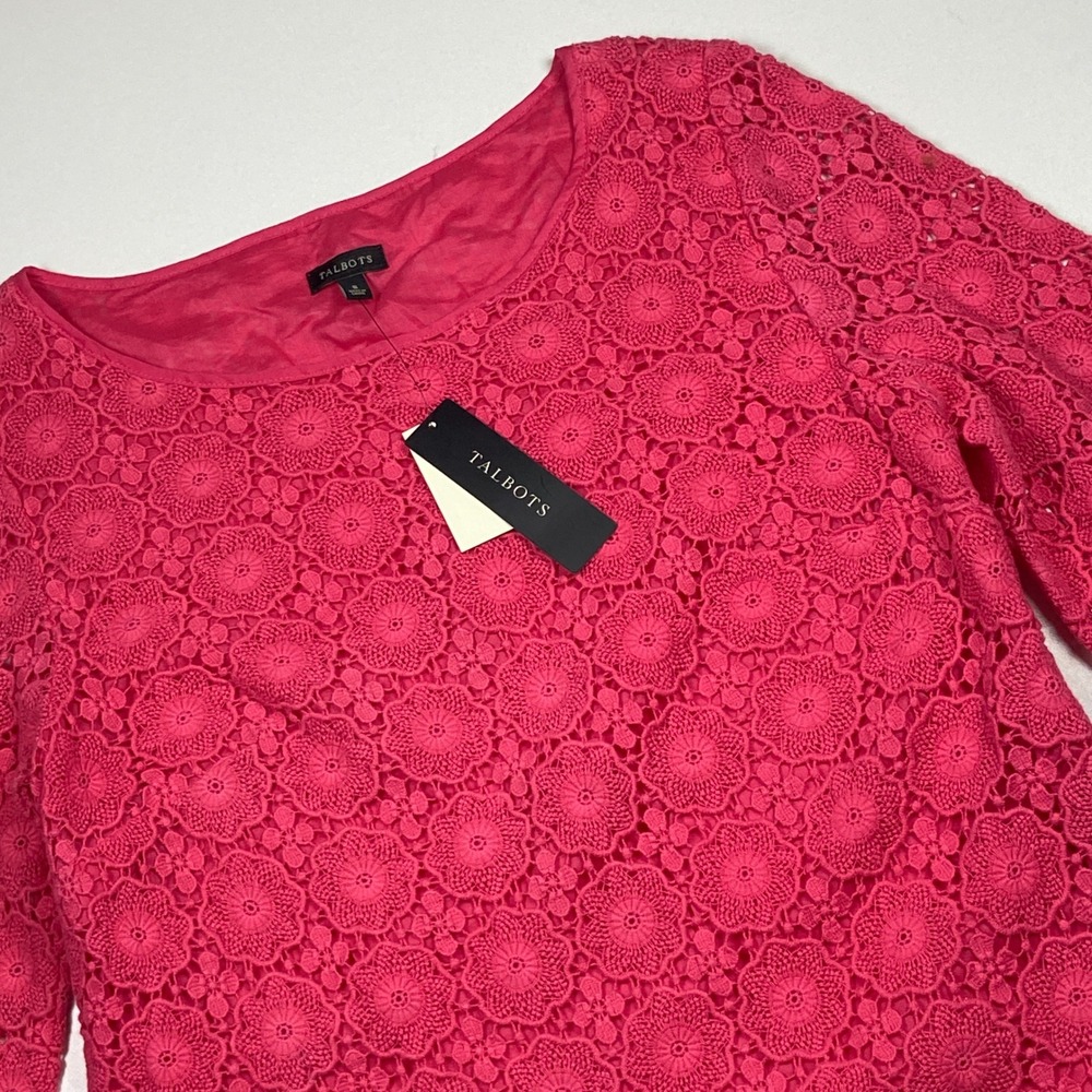 Talbots Floral Lace Cotton Blouse Size 8 Pink 3/4 Sleeve Scallop Hem Top NWT